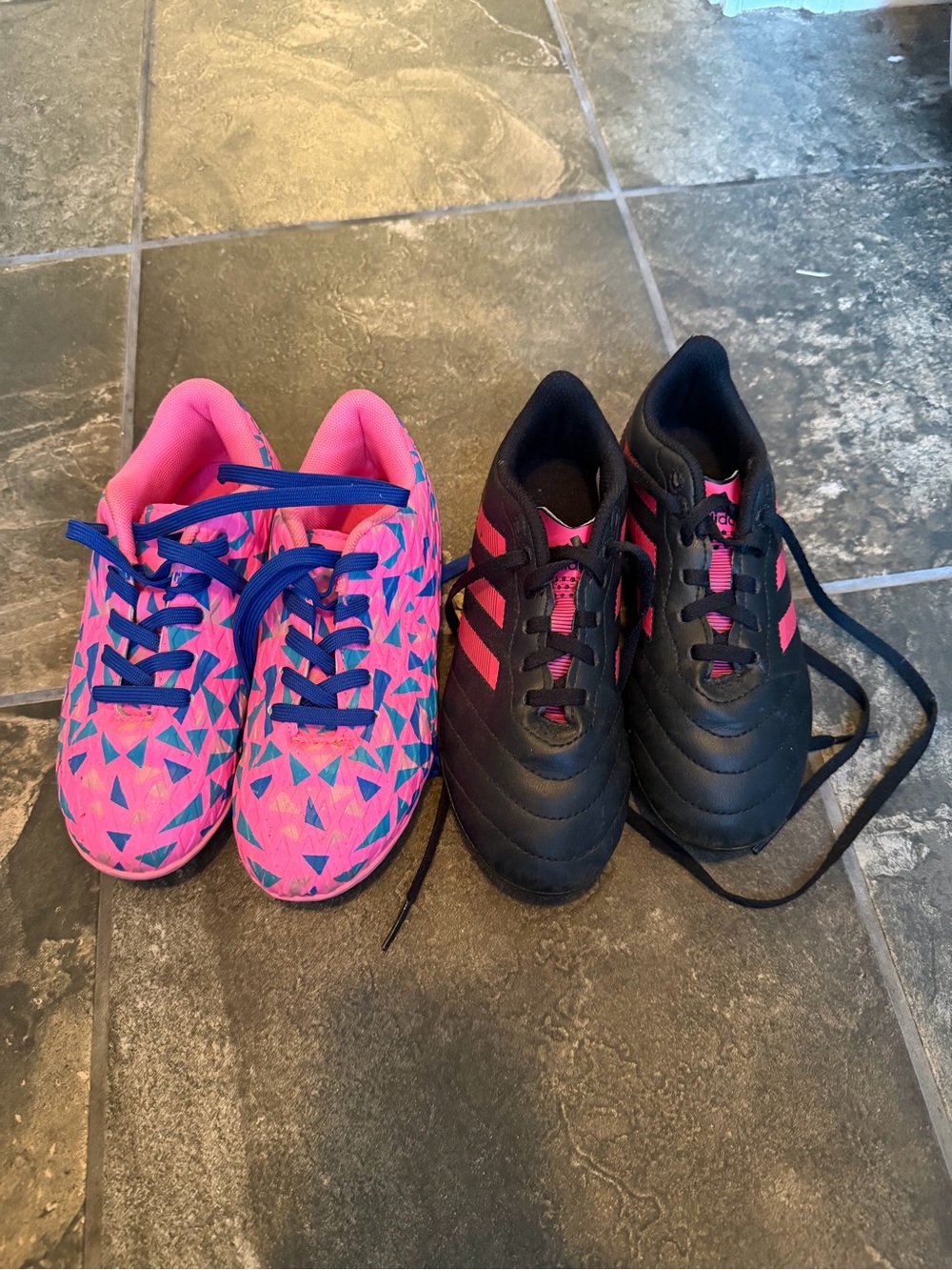 Pink indoor soccer shoes size 1 & black/pink outdoor soccer cleats size 1.5